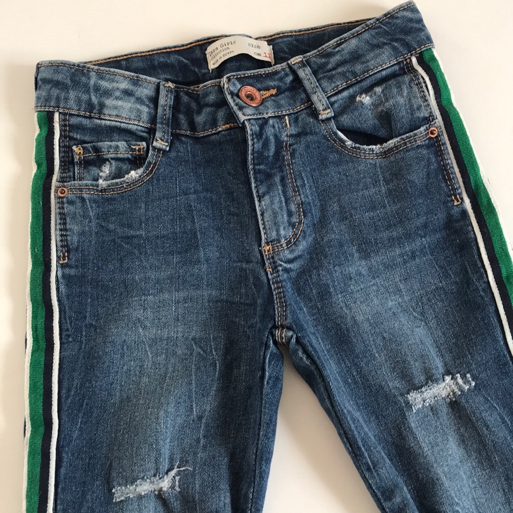 Zara Girls distressed stretch jeans side stripe 6